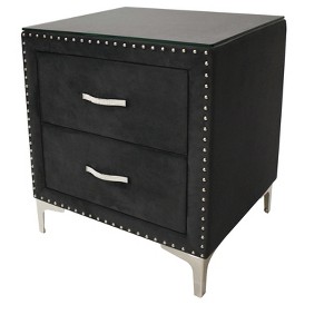 Vynxaria 1pc Glam Black 2-Drawer Nightstand, Fabric Upholstered (Nailhead Tufted), 8mm Tempered Glass, Wood/Metal Build, Durable Bedroom Furniture - 1 of 4