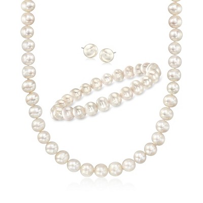 Ross-Simons 8.5-9mm Cultured Pearl Jewelry Set: Earrings, Bracelet and Necklace in Sterling Silver Size 18