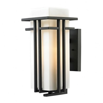 Modern Textured Matte Black 1-Light Outdoor Sconce with Opal Glass Shade
