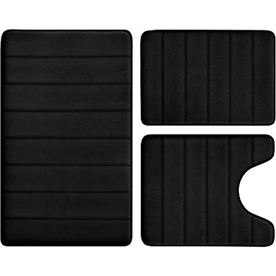 Attop Black Memory Foam Bathroom Rug Set 3 Piece, Non Slip Extra Soft Absorbent Washable & Dry Toilet Bath Mat Sets