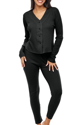 ADR Women's Pajamas Set, Soft Ribbed Knit Waffle Pajamas Lounge Set, Long Sleeve Drop Shoulder V-neck Top and Leggings PJ Pants