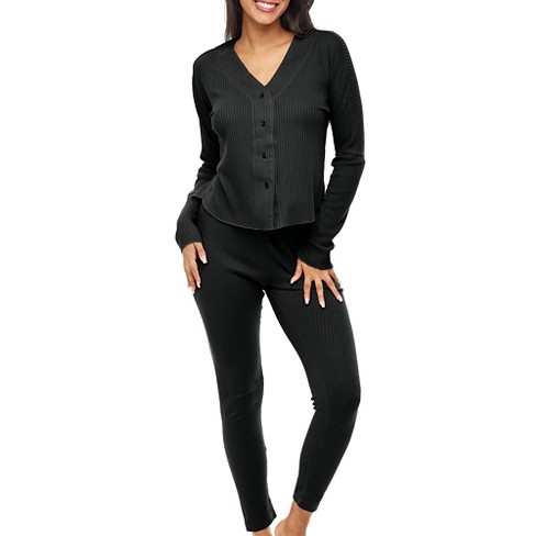 Adr Women's Ribbed Knit Pajamas Set, Button Down Drop Shoulder Top Thermal  Underwear Leggings Black Large : Target