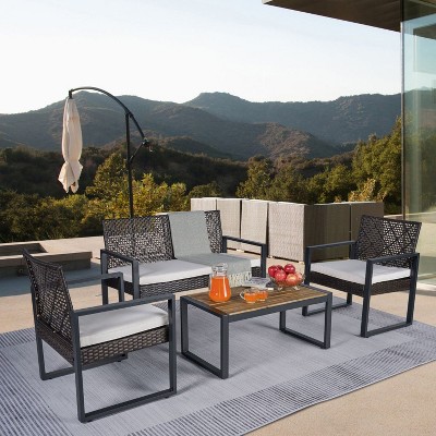 All-Weather Wicker Patio Conversation Set with Coffee Table, Steel Frame Outdoor Patio Small Space Chat Sets - The Pop Home