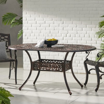 Oval Metal Outdoor Dining Table for 6,Vintage Cast Aluminum Garden Dining Table,Heavy Duty Backyard Patio Table with Umbrella Hole-Coolbibila