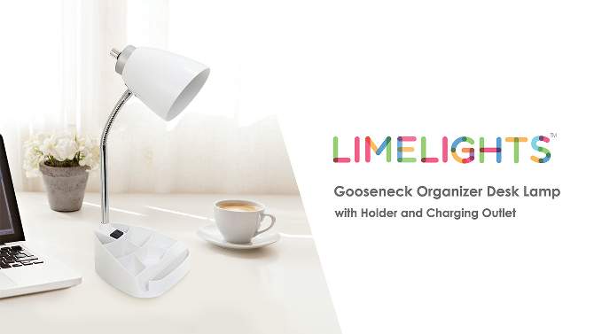 Gooseneck Organizer Desk Lamp with iPad Tablet Stand Book Holder and Charging Outlet - LimeLights, 2 of 8, play video