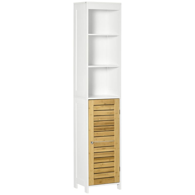 kleankin Tall Bathroom Storage Cabinet, Free Standing Bathroom Cabinet Slim Side Organizer with 3 Shelves and Bamboo Cabinet, White/Natural, 1 of 8