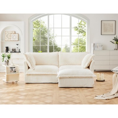 NicBex Couches for Living Room 2 Seater Deep Seat Comfy Sofa Modern Corduroy Upholstered Slipcovered Sofa Couch with Convertible Ottoman, Cream