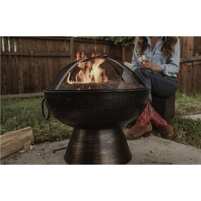 Bronze Round Outdoor Wood Burning Fire Pit with Mesh Lid