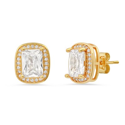 Steeltime Ladies brass simulated emerald cut diamonds stud earrings. Color Options: Gold, Rose Gold