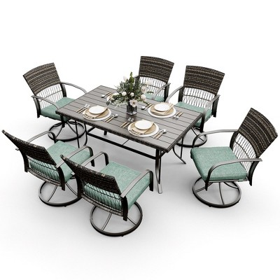 Pamapic 7-Piece Metal Patio Outdoor Dining Set with Rectangle Table and Rattan Swivel Chairs with Cushion