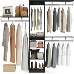 SEVOBAL Freestanding Coat Racks 6 Shelves and 3 Rods Heavy-Duty Wood Closet Organizer System， Adjustable Storage for Using, Black, 15.8"*96.1"*75" - 1 of 4