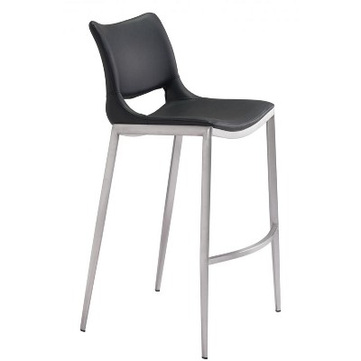 Zuo Modern Ace Barstool Set of 2, 40.9" H, Black Faux Leather, Silver Brushed Stainless Steel, Modern Ergonomic Design
