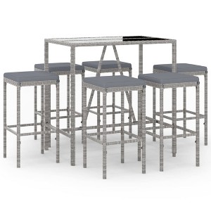 vidaXL Patio Bar Set Outdoor Garden Table with Stool with Cushions Poly Rattan - Gray 43.3" Table Length 6 Piece - 1 of 4