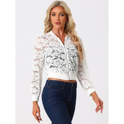 Allegra K Women's Stand Collar Zip Up Sheer-Mesh Lace Bomber Jacket White Large — фото 4