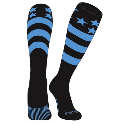 PEAR SOX Elite USA Flag Knee High Sports Socks - Black, Sky Blue, Black (M)