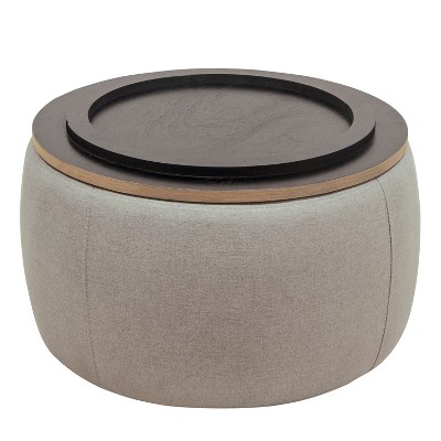 HomeRoots 26" Gray and Natural Fabric And Wood Reversible Tray Top Round Storage Ottoman