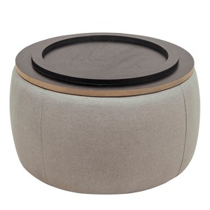 HomeRoots 26" Gray and Natural Fabric And Wood Reversible Tray Top Round Storage Ottoman - 1 of 4