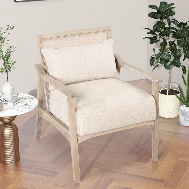 Retro Accent Chair with Solid Wood Frame, Rattan Back and Lumbar Pillow Natural-ModernLuxe, 1 of 14