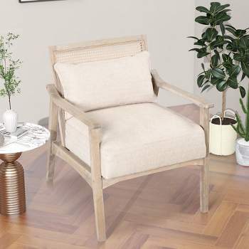 Retro Accent Chair with Solid Wood Frame, Rattan Back and Lumbar Pillow Natural-ModernLuxe