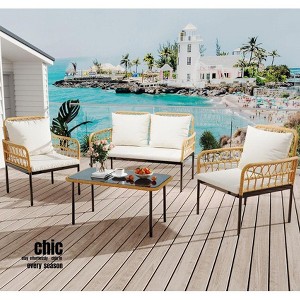 Jojoka 4pc Patio Furniture Set, Wicker Outdoor Conversation Set with Loveseat, 2 Chairs & Glass Table for Apartment, Porch, Backyard, or Bistro - 1 of 4