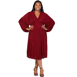 24seven Comfort Apparel Plus Size Shimmer Pleated V Neck Empire Waist Bishop Sleeve Midi Dress - 1 of 3