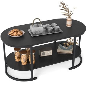 Costway Oval Coffee Table with Metal Support Legs for Apartment Office Reception Black - 1 of 4