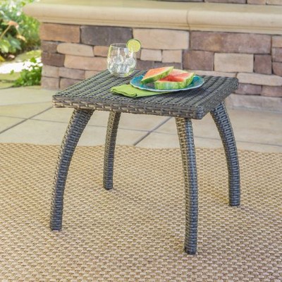 Gray Wicker Outdoor End Table, 17.7" Square Patio Accent Table with Iron Frame, Rattan Patio End Table, Outdoor Side Table -Christopher Knight Home