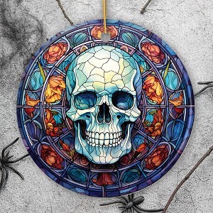 Ghastly Grin Spooky Halloween Skull Stained Glass Style Ceramic Ornament, Halloween Themed Christmas Gift and Decor| OrnamentallyYou - 1 of 4