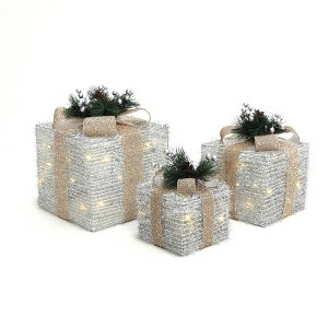 LuxenHome 3-Pc Lighted Silver Tinsel Gift Box Set with Champagne Ribbon, Outdoor Holiday Decoration Silver, Champagne, Green - 1 of 4