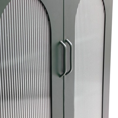 Dark Green Metal Cabinet with Adjustable Shelves and Arched Glass Doors