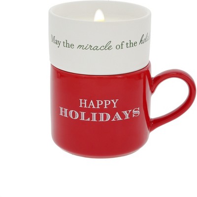 Pavilion Gift Company - Happy Holidays - Stacking Mug and Candle Set 100% Soy Wax Scent: Balsam Fir - Flame Candles