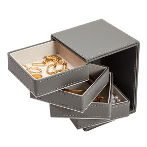 Juvale 4 Layer Rotating Jewelry Organizer for Men, Women, Small Faux Leather Box for Necklaces, Rings, Earring, Bracelets, Gray, 4 x 5 In - 1 of 4