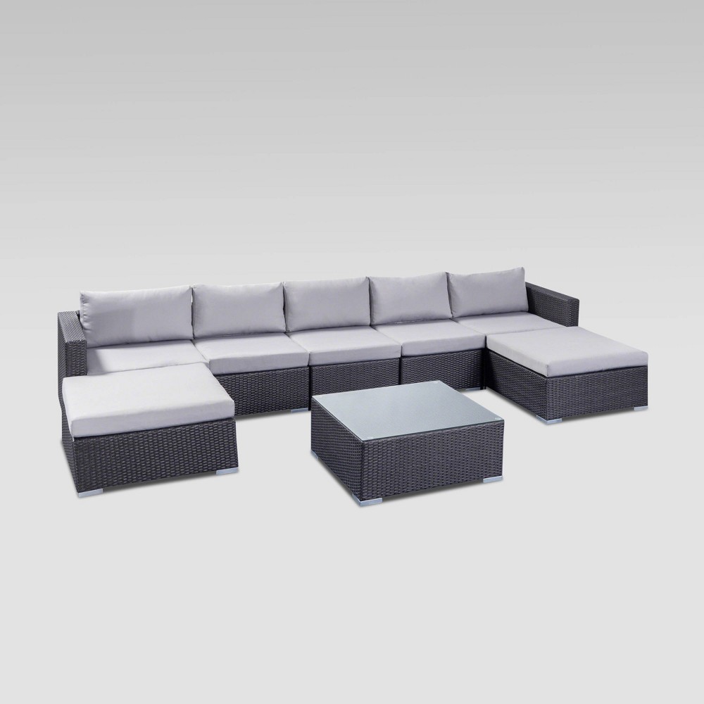 Photos - Garden Furniture Santa Rosa 8pc Wicker Sectional Seating Set - Gray/Silver - Christopher Knight Home: Aluminum Frame, Weather-Resistant