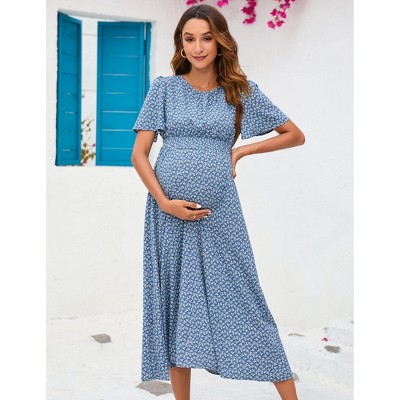 Women's Maternity Dress Floral Ruffles Short Sleeve Dress Boho Smocked Scoop Neck Midi Dress for Photoshoot Baby Shower