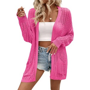 Womens Crochet Cardigan Long Sleeve Beach Cover Ups for Summer Long Cardigan with Pocket 2025 Summer Outfits - 1 of 1