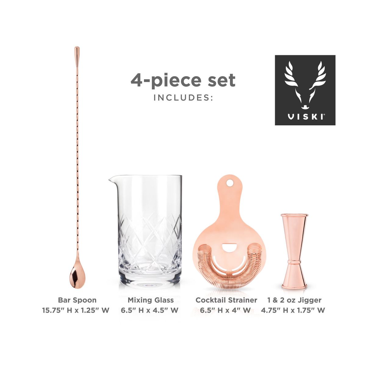 Viski 4-Piece Bartender Kit for Craft Cocktails, Coffee & Dessert Cocktails, Bar Essentials, Mixing Glass, Strainer, Double Jigger & Barspoon, Copper - thumbnail 3