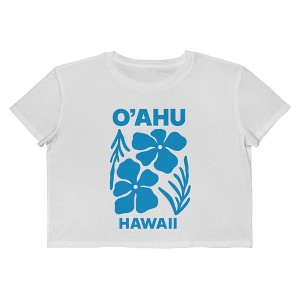 Rerun Island Women's O Ahu Hawaii Blue Hibiscus Short Sleeve Graphic Cotton Cropped Loose T-shirt - Bright White 2X - 1 of 4