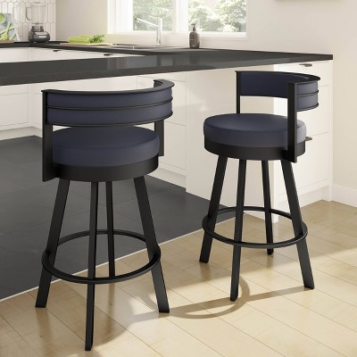 Navy Blue Faux Leather Swivel Bar Stool with Black Metal Frame