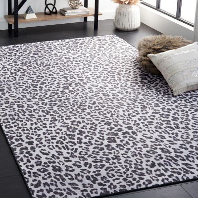Black and Ivory Faux Fur Leopard Print Washable Area Rug