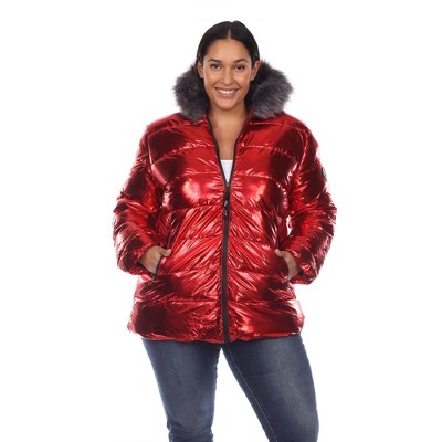 Plus Size Metallic Puffer Coat With Hoodie Red 2x - White Mark : Target
