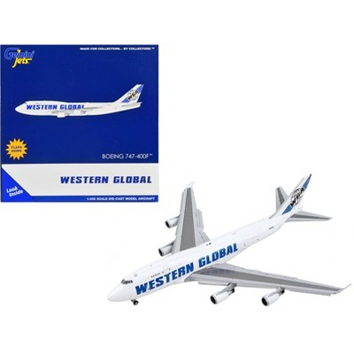 Boeing 747-400F Commercial Aircraft with Flaps Down White with Blue Tail Stripes 1/400 Diecast Model Airplane by GeminiJets