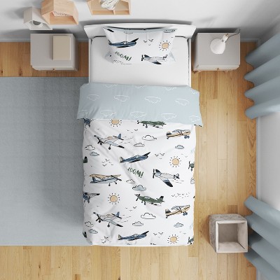 Blue and Green Airplane Microfiber Toddler Bedding Set