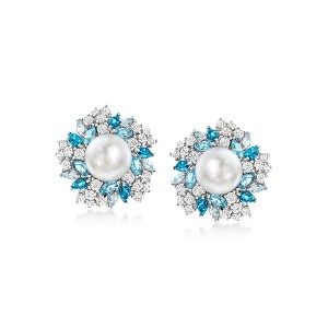 Ross-Simons 8.5-9mm Cultured Pearl and 3.70 ct. t.w. Tonal Blue and White Topaz Earrings in Sterling Silver - 1 of 4