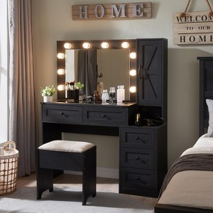 Vanity Tables with Charging Station & 2 Visible Drawers, 43" W Modern Vanity Makeup Desk with Lights Mirror and Drawers, Black - 1 of 4
