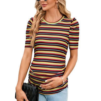 Maternity Tops Women's Casual Floral Printed Puff Short Sleeve Ruched Side Tunic Blouses Shirts Pregnancy Clothes
