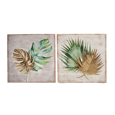 Luxenhome Set Of 2 Tropical Leaf Wood And Metal Wall Decor Off-white ...