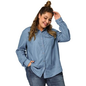 Agnes Orinda Women's Plus Size Business Casual Long Sleeve Denim Button-Down Shirts - 1 of 4