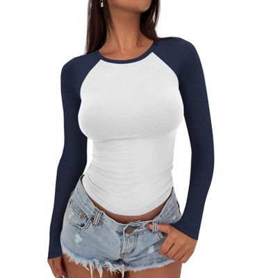 Women's Raglan Sleeve Shirts Slim Fit Long Sleeve Tee Stretchy Color Block Waist Cropped Basic Tops Sheath Tops for Women