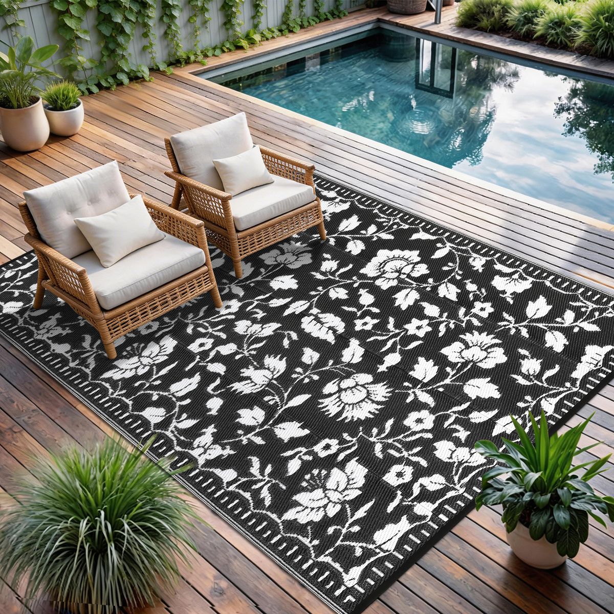Garvee Floral Outdoor Rug, Waterproof Reversible Plastic Straw Rug, Foldable Outdoor Area Rug for Patio, Picnic, Beach, Balcony - thumbnail 2