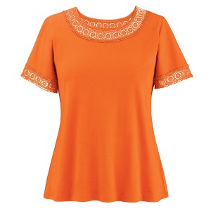 Collections Etc Flattering Crochet Lace Trim Short Sleeve Cotton Tee - 1 of 4